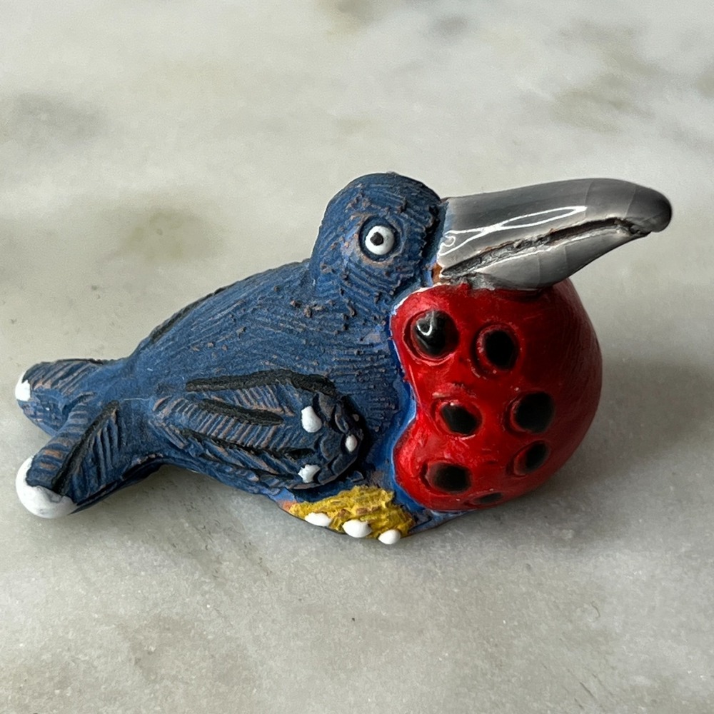 Handmade Clay Bird Figurine HL Marked Toucan Style Red Blue Folk Art Pottery 2"